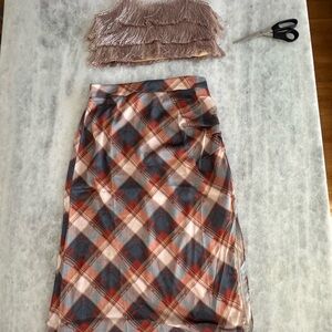 Sage The Label Almost Famous Shirred High Slit Midi Skirt in Rust, Navy Plaid
